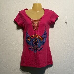 Vance Biker Wear Women’s Pink Sturgis Motorcycle Rally 2021 Lace-Up V-Neck Tee